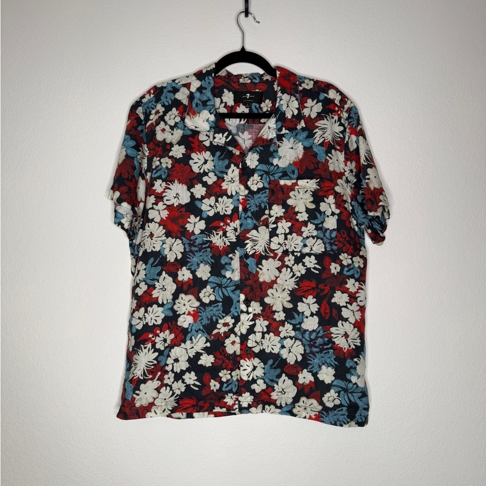 7 For All Mankind Blue Red Floral Linen Short Sleeve Button Down Shirt Size L